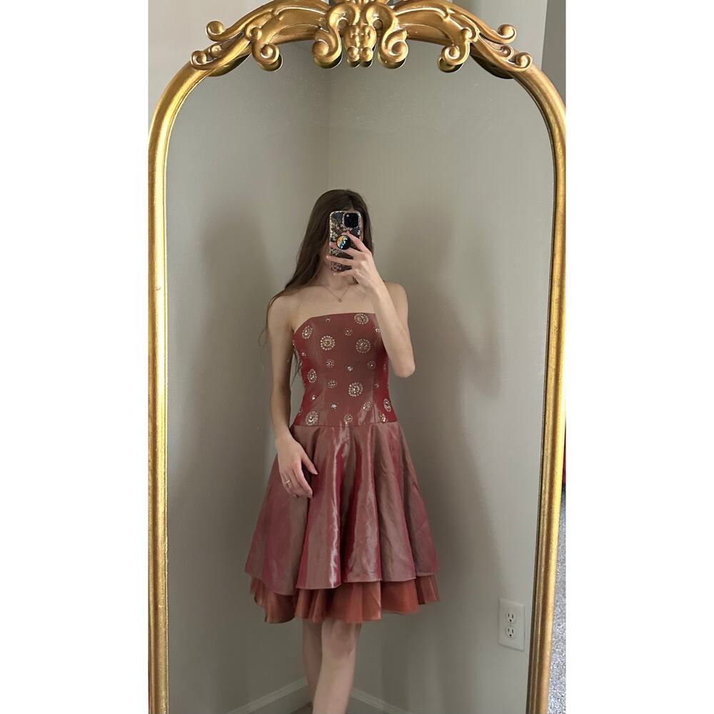 Vintage Y2K 90s Lenovia USA Beaded Rhinestone Iridescent Tutu Strapless Dress